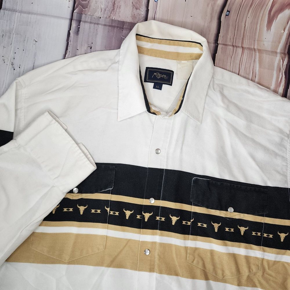 Vintage Roper Western Pearl Snap Shirt Mens XL Cow Bull SkullCowboy Heavy Cotton